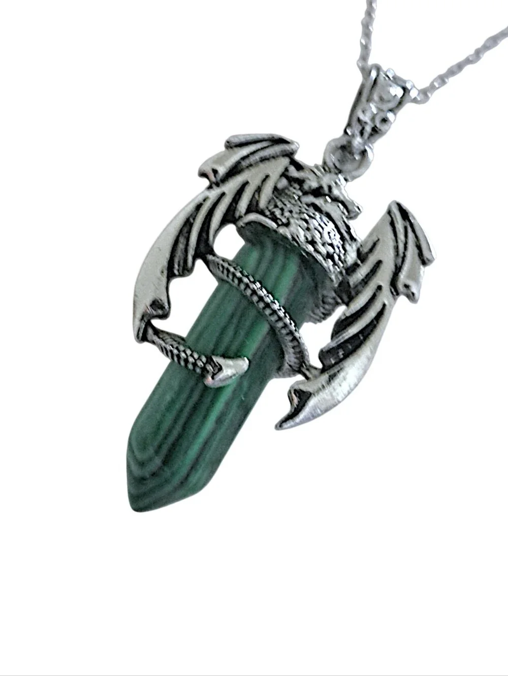 Silver Dragon Green Pendant w/ Stainless Steel Necklace NWOT